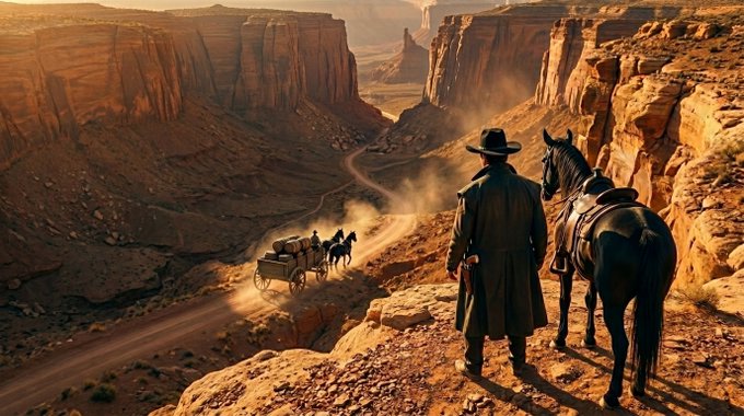 The image shows a man standing at the edge of a cliff, overlooking a valley below with two horses nearby. The scene appears to be set in a desert or arid environment, possibly in a remote area where people are trying to escape from something or someone. The man is wearing a cowboy hat and has a gun slung over his shoulder, suggesting that he might be on a mission or involved in some form of adventure. The horses seem to be part of the journey as well, accompanying their owner through the challenging terrain.
