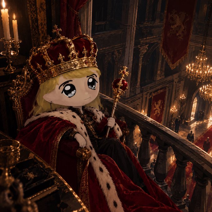 A chibi-style cartoon figure with large blue eyes, wearing a red velvet royal robe, golden crown, and holding a scepter, sits on a grand throne overlooking a candlelit palace hall.

The image humorously pairs with the post by depicting a tiny, cute "king" of a crypto realm—visually mocking the grandiose "moon" or "takeoff" language used in the $ZAN pump-and-dump pitch, with the cartoon ruler seemingly presiding over the speculative frenzy.