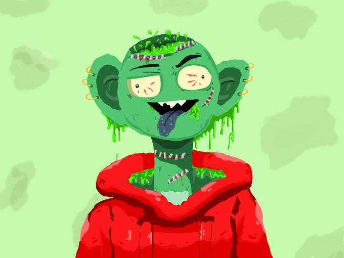 A cartoon illustration depicts a green zombie-like monkey character with stitched wounds, drooling blue slime, wearing a red hoodie against a pale green background.