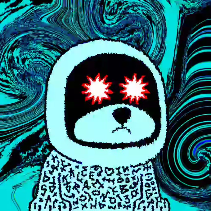 A surreal, glitchy digital illustration of a hooded figure with glowing red starburst eyes and a body covered in random letters and symbols, set against a swirly cyan background.