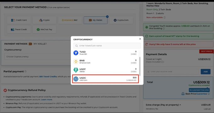 The image shows the Travala.com payment page with a cryptocurrency selection dropdown open, highlighting USDC (USDC Coin) as one of the accepted payment options alongside TUSD, BNB, and USDT for a hotel booking totaling US$309.12. This illustrates Travala's support for over 100 cryptocurrencies, including stablecoins like USDC, as part of its crypto-native travel booking platform.