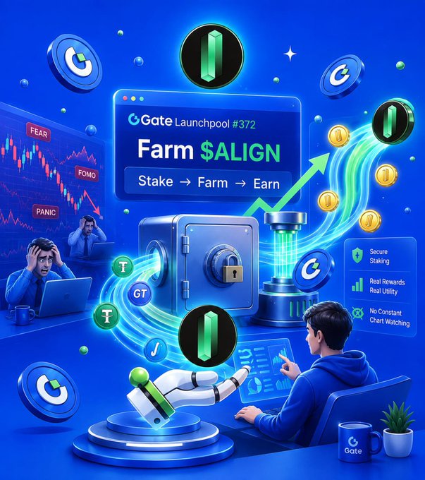 A promotional banner for "Gate Launchpool #372" featuring "Farm $ALIGN" with the text "Stake → Farm → Earn," alongside imagery of a vault, cryptocurrency coins, and traders reacting to a declining chart labeled with "FEAR," "FOMO," and "PANIC."