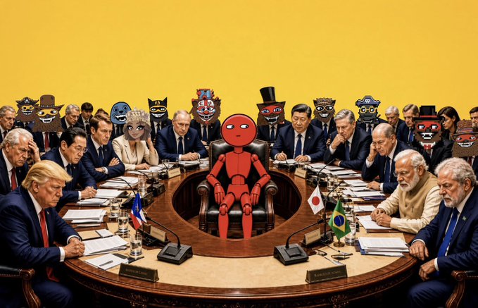 The image depicts several world leaders sitting around a table during what appears to be a global meeting of some sort. In the center is a robot from a movie set in a dystopian future with social commentary depicting a disproportional amount of power in the hands of corporations. The image is going viral on Twitter with a post claiming that the robot named Red Puppet and its token, $PUPPET, will reach a market cap equivalent to $350-385k and AMM liquidity (TVL) of about $63k-$64k if the user’s claim, which is based on a far-fetched prediction about XRP reaching $5.89, becomes true. Ultimately, the claim is hyperbolic without any evidence and being leveraged by some to sell their existing holdings of $PUPPET.