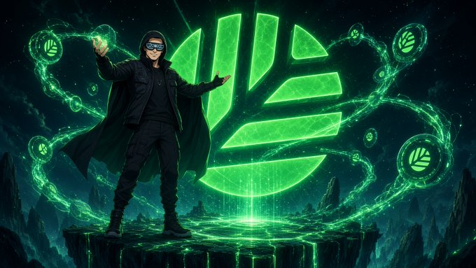 A hooded figure in sunglasses stands on a rocky outcrop, summoning a glowing green emblem with chained logos surrounding them against a dark, cosmic background.