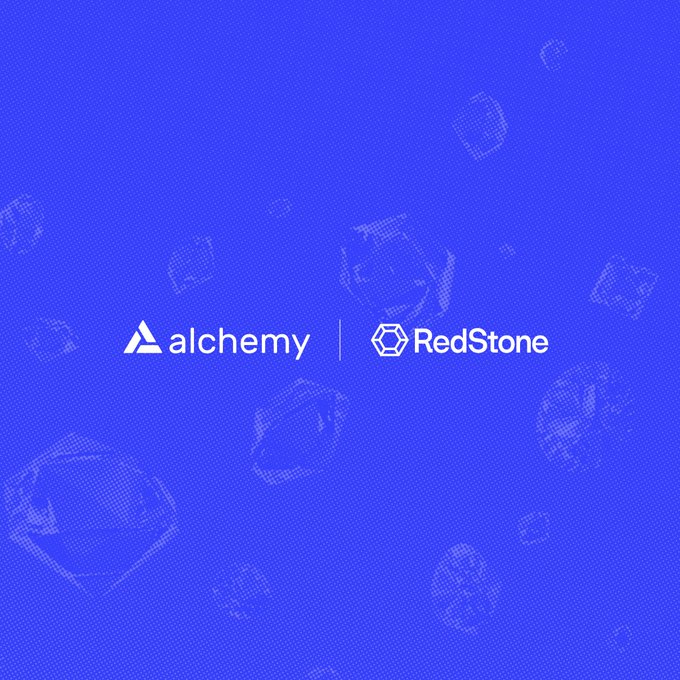 The image features a clean blue background with subtle line-art illustrations of gems and crystals, centered with the white logos of "alchemy" and "RedStone" separated by a vertical divider. This visually represents the partnership highlighted in the post, where RedStone relies on Alchemy as its RPC provider to deliver reliable, real-time price feed data for RWAs like BlackRock's BUIDL and Apollo's ACRED.
