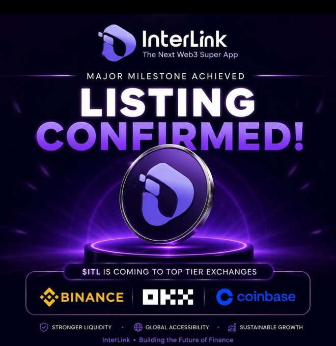 A promotional graphic for InterLink declaring "LISTING CONFIRMED!" with a glowing purple coin displaying the InterLink logo, announcing that $ITL is coming to top-tier exchanges including Binance, OKX, and Coinbase, framed as a "MAJOR MILESTONE ACHIEVED" in building the future of Web3 finance.