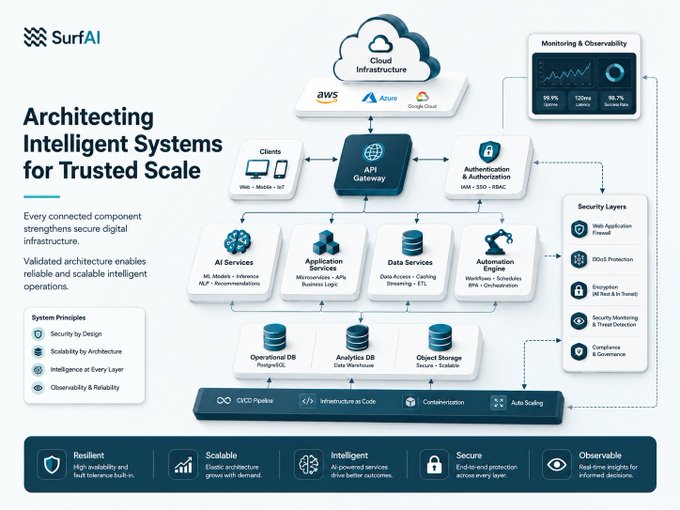 A technical infographic titled 'SurfAI: Architecting Intelligent Systems for Trusted Scale' showing a cloud infrastructure architecture diagram with components like API Gateway, AI Services, and security layers.