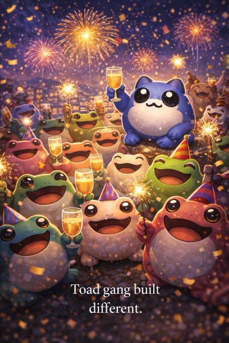 An illustration showing a celebration with multiple cartoon frogs and one blue cat holding champagne glasses under fireworks, with the text "Toad gang built different."