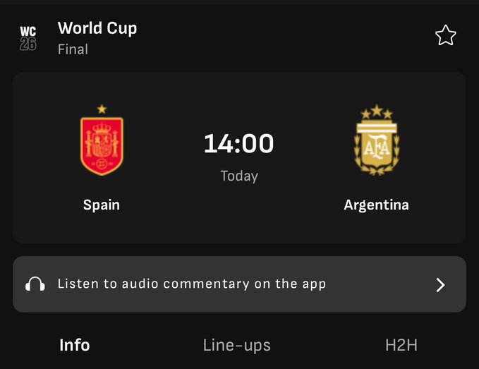 The image shows a World Cup Final match screen featuring Spain vs Argentina scheduled for 14:00 today, with options for Info, Line-ups, and H2H. Notably, this doesn't align with the post's prediction request for a France vs England match, suggesting the image may be unrelated or incorrectly paired with the caption.