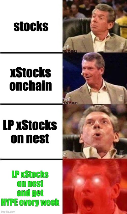 A four-panel "Increasingly Excited Vince McMahon" meme progresses from mild interest in "stocks" to extreme excitement with glowing red eyes for "LP xStocks on nest and get HYPE every week," visually escalating alongside the post's message promoting @xStocksFi's tokenized stocks (NVDAx, MUx, SKHYx, SPYx, QQQx) on Hyperliquid's Nest with rewards at the 00UTC epoch flip.