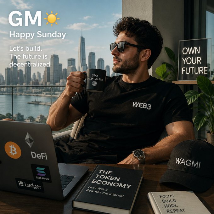A promotional graphic shows a man in a 'WEB3' t-shirt drinking from a 'STAY DECENTRALIZED' mug, with text 'GM ☀️ Happy Sunday, Let's build. The future is decentralized.' alongside crypto logos and 'OWN YOUR FUTURE'.