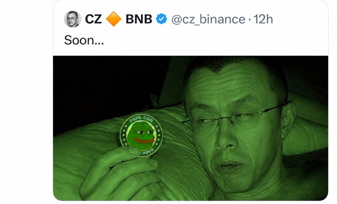 A tweet from CZ (cz_binance) with a verified BNB badge reads "Soon..." and shows a green-tinted photo of him holding a Pepe coin.