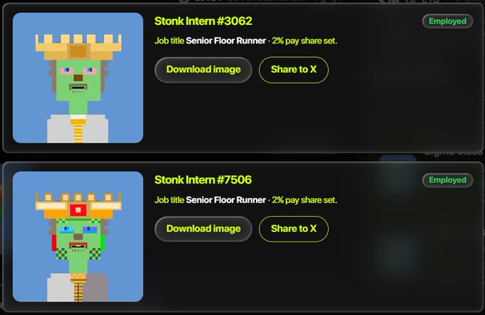 A website displays two pixel-art NFT characters labeled 'Stonk Intern #3062' and 'Stonk Intern #7506', both with green faces and crown designs, marked as 'Employed' with 'Senior Floor Runner' job titles.
