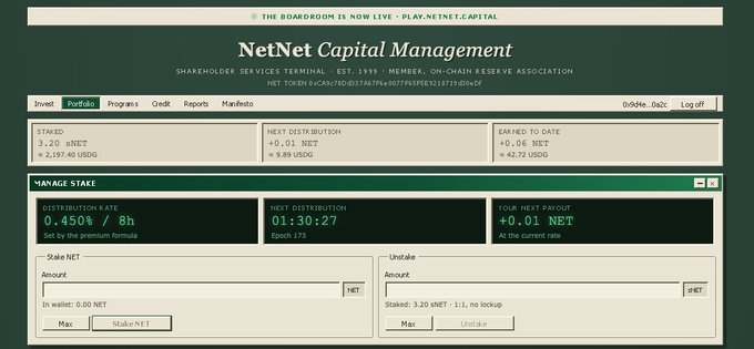 A screenshot of the NetNet Capital Management dashboard at play.netnet.capital showing a staked balance of 3.20 xNET ($3,197.40 USD), a 0.45% / 8h distribution rate, and 3.20 staked with no backup, reflecting the poster's current holdings as they work toward their goal of staking 10 NET.