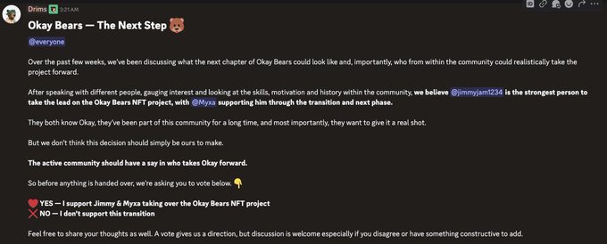 A Discord post from user "Drims" titled "Okay Bears — The Next Step" discussing the future leadership of the Okay Bears NFT project, proposing @jimmyjam1234 and @Myza to take over and asking for community votes via emoji reactions.