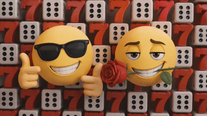 Two emoji faces—one cool and sunglasses-clad giving a thumbs up, the other lovestruck holding a rose—appear in front of a repeating background of the number "7" and dice, celebrating the $67 token's milestone achievements including its $28M market cap and 1M+ community members.