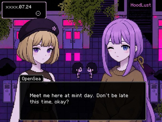 A pixel art scene from the "HoodLust" game shows two anime-style characters with a dialogue box reading "Meet me here at mint day. Don't be late this time, okay?" The date "xxxx.07.24" is displayed, corresponding to the July 24 mint date for the KHFRHN collectibles mentioned in the post.