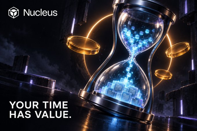 An advertisement for 'Nucleus' featuring a glowing hourglass filled with blue cubes and golden coins, with the text 'YOUR TIME HAS VALUE.'