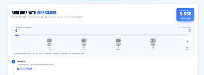 A digital interface panel shows a program called 'EARN BOTS WITH IMPRESSIONS' with an 'X MOST SUPPLY' badge reading '5,555 BOTS', including options to connect an X (formerly Twitter) account.