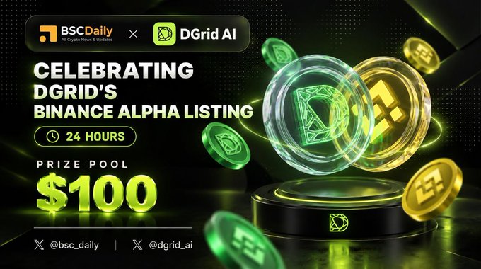 A promotional graphic for BSCDaily and DGrid AI celebrating a Binance Alpha listing with a 24-hour $100 prize pool, featuring glowing green and gold coins.