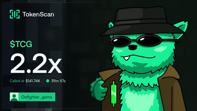 The image features a cartoon character dressed as a green alien wearing sunglasses, hat, and holding a green object (possibly a toy or a plant). The background of the image is black with white text that reads "$TCG now at 2x up profit from alpha call CA; BAMGUGnziBb57SVRjmrFwg23Rsi7mx4JwkXUzoSYJsR7 #solana #memecoin #SolanaGem #Dengen". The character is wearing a hat and sunglasses, which adds to the overall theme of being a green alien.