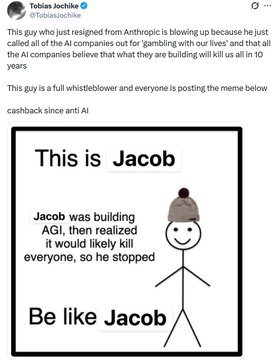 The image shows a tweet by Tobias Jochinke commenting on a person who resigned from Anthropic due to AI safety concerns, accompanied by a "Be like Jacob" meme illustrating Jacob, who stopped building AGI because he realized it would kill everyone. The post suggests the token referenced relates to AI safety concerns, aligning with the meme's message about taking the AI existential threat seriously.