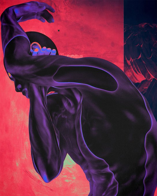 A vibrant digital illustration of a glossy, dark purple figure posed dynamically against a textured bright pink and red background, with a small 'x' near the top.