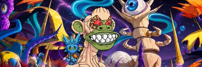A vibrant cartoonish illustration of a grinning green ape-like character surrounded by other colorful monsters, with blue energy swirling in a cosmic purple background.