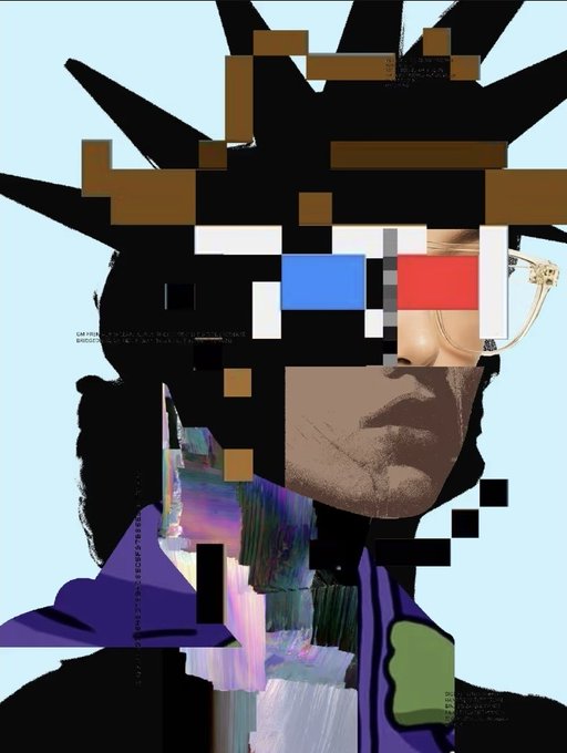 The image features an abstract portrait of a person wearing glasses, with a statue of a man wearing a crown as part of their attire. The portrait has a blue background that contrasts with the black hair of the subject. The caption reads "Congrats on 250ETH volume. Well done. More miles to go..This is justthe beginning of a R3ORDR @R3ORDR @Dario_Desiena".