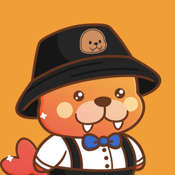 A cartoon illustration of a small orange creature wearing a black bucket hat with a bear logo, a blue bow tie, and a white shirt, waving on an orange background.