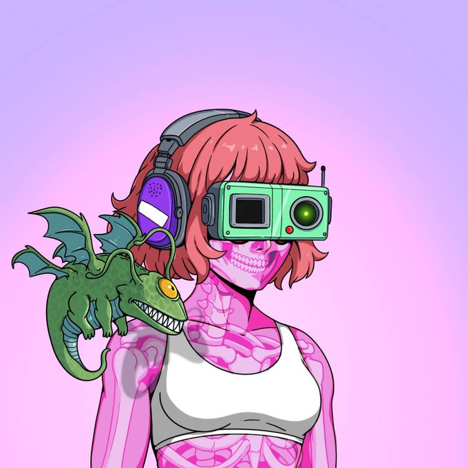 A pink-skinned anime-style character with short hair wears large green headphones and a futuristic visor device, while a small green dragon perches on her shoulder against a soft purple-pink gradient background—evoking a cybernetic, "GM" (good morning) crypto/NFT community greeting vibe from Kageuri and RobinWifHat.