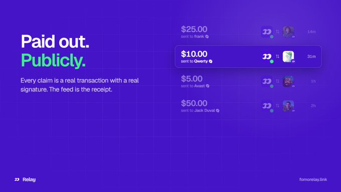 A promotional graphic for 'Relay' with the tagline 'Paid out. Publicly.' on a purple background, listing transactions including $25 sent to Frank, $10 to Qwerty, $5 to Assist, and $50 to Jack Duval.