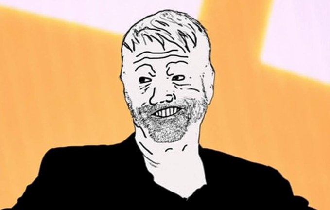 A black-and-white stylized cartoon illustration depicts a smiling, balding man with a beard, representing Michael Saylor, the MicroStrategy chairman known for his massive Bitcoin accumulation. The image accompanies the post's humorous reference to Saylor's unwavering commitment to Bitcoin ($BTC), despite market dips that might worry others.