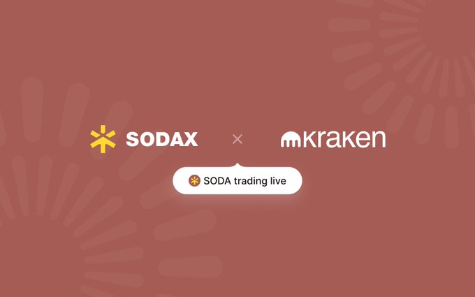 Promotional banner with a red background featuring the SODAX logo and Kraken logo side-by-side, with a white button below stating 'SODA trading live'.