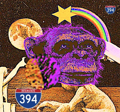 The image shows a psychedelic, neon-tinted chimpanzee in front of a space-themed backdrop featuring a full moon, a rainbow, and a yellow star, with an Interstate 394 highway sign visible in the corner. Paired with the post about @chia_project's mission to bring real assets on chain, the surreal "space monkey" imagery evokes a meme-like, imaginative vision of crypto evolution beyond speculation toward tangible utility.