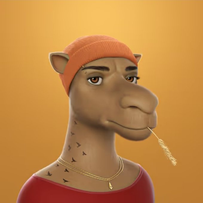 A close-up of a 3D-rendered cartoon camel avatar wearing an orange beanie, a gold chain necklace, and a red shirt, with a piece of straw in its mouth.