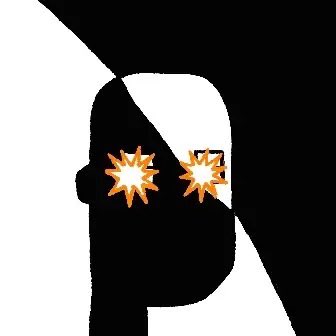 Black-and-white stylized graphic of a person's head with orange starburst shapes over the eyes, partially covered by a diagonal shape.