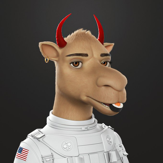 A 3D rendered character portrait of an anthropomorphic goat/cow creature with red devil horns, an earring, and a white astronaut suit featuring an American flag patch, holding sushi in its mouth.