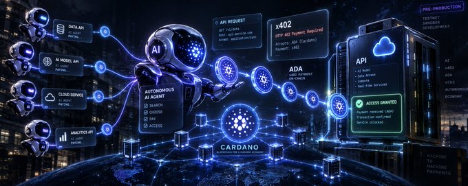 A futuristic digital illustration depicting the Cardano blockchain ecosystem, featuring an Autonomous AI Agent connected to APIs for data, AI models, cloud services, and analytics, processing an ADA payment request (x402) and showing 'ACCESS GRANTED'.