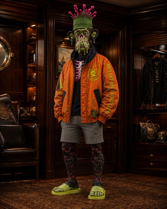 3D render of a character with a green zombie-like mask featuring pink coral-like growths, wearing an orange bomber jacket, gray shorts, and green slippers in a wood-paneled room.