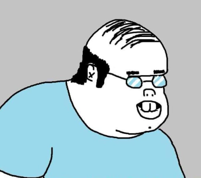 A cartoon-style illustration of a bald man with side-swept hair wearing small blue tinted glasses and a light blue shirt.