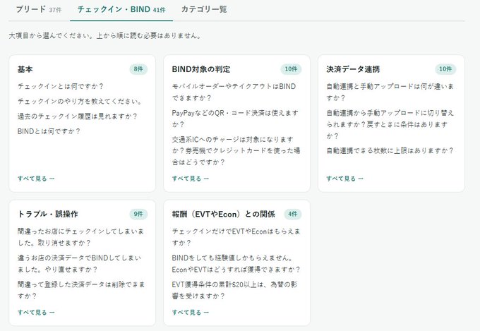 A Japanese FAQ page with the tabs 'ブリード' (Breed), 'チェックイン・BIND', and 'カテゴリー別' displays various categories like '基本', 'BIND対象の判定', and '決済データ連携' with questions underneath.