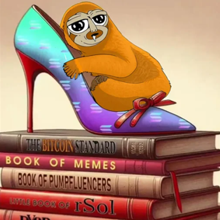 A cartoon sloth sitting on a high-heeled shoe resting atop a stack of books titled 'THE BITCOIN STANDARD', 'BOOK OF MEMES', 'BOOK OF PUMPFLUENCERS', 'LITTLE BOOK OF rSol', and 'DOGE'.