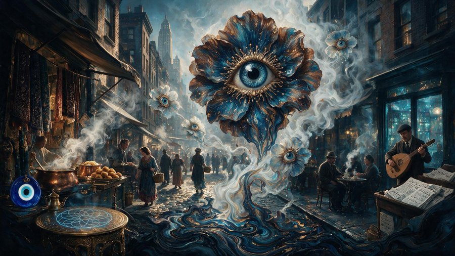 A surreal digital illustration of a bustling, dimly lit street scene featuring a large, metallic blue flower with an eye at its center, surrounded by floating smoke and smaller eyed blossoms.