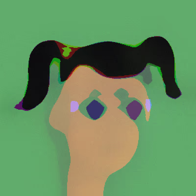A digital painting of a character with black hair in pigtails and large purple eyes against a green background.