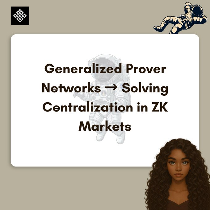 A graphic titled 'Generalized Prover Networks → Solving Centralization in ZK Markets' featuring astronaut illustrations and an animated character.