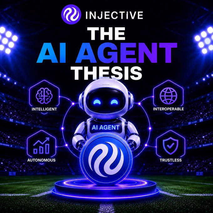 A promotional graphic for 'INJECTIVE - THE AI AGENT THESIS' showing a white robot holding the Injective logo, surrounded by icons labeled 'INTELLIGENT', 'INTEROPERABLE', 'AUTONOMOUS', and 'TRUSTLESS' in a stadium setting.