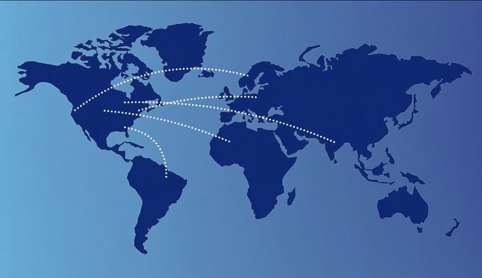A blue world map illustration with white dotted lines showing various connection routes between continents.