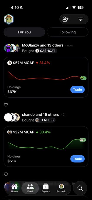 A mobile app feed (appears to be a meme coin tracker) showing recent buys including $CASHCAT (down 31.4%, $57M MCAP) and $TENDIES (up 30.4%, $22M MCAP).