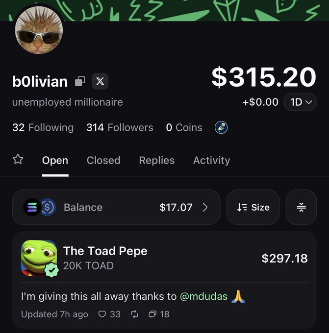 A profile screenshot for user "b0livian" (described as "unemployed millionaire") showing a $315.20 portfolio with $297.18 worth of "The Toad Pepe" (20K TOAD), where they're giving away tokens thanks to @mdudas. This matches the post about giving away 20,000 $TOAD, as the image displays the remaining TOAD holdings intended for the giveaway.